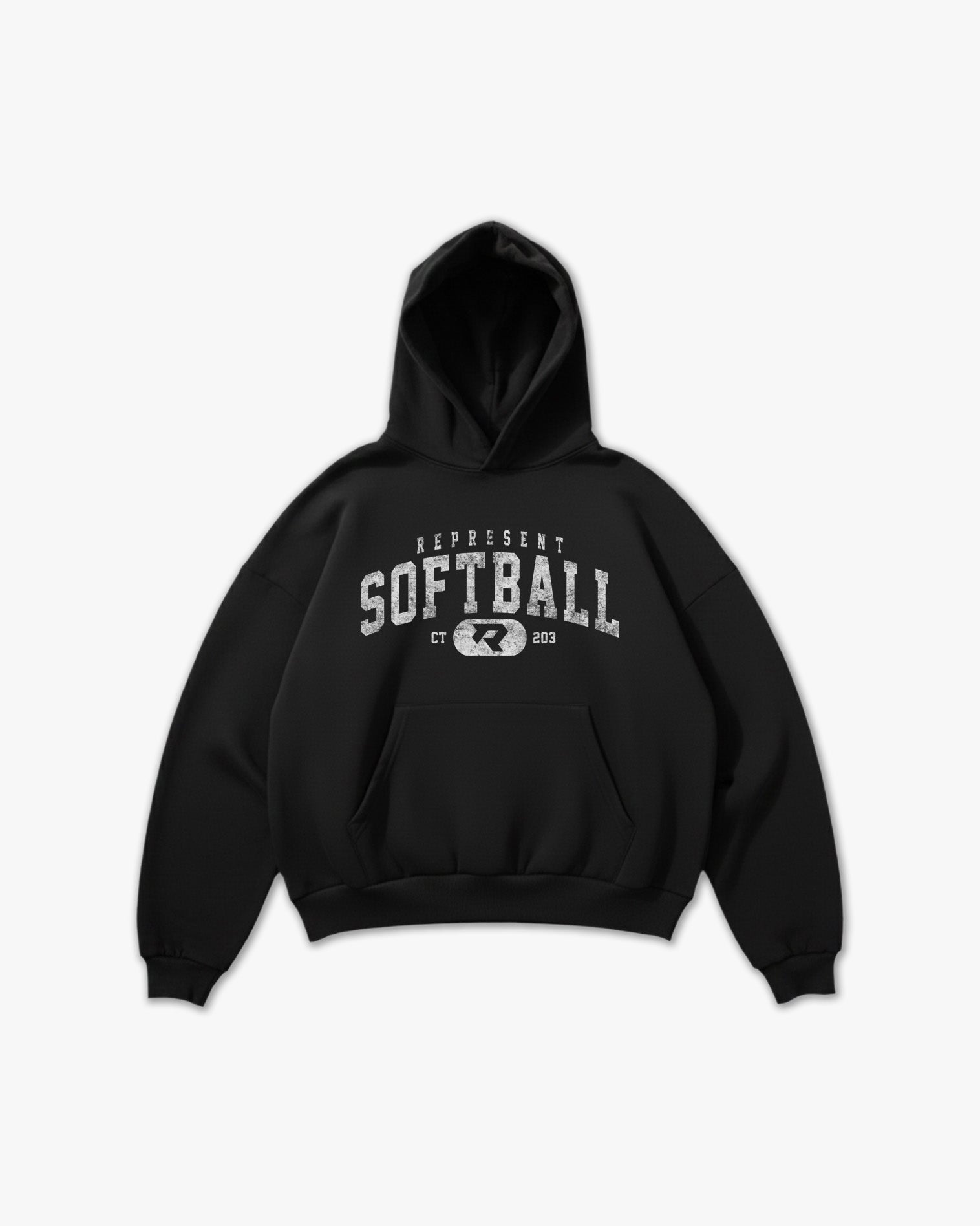 (203) Vintage Varsity Softball Elite Hoodie in Black/Faded White - Represent Softball