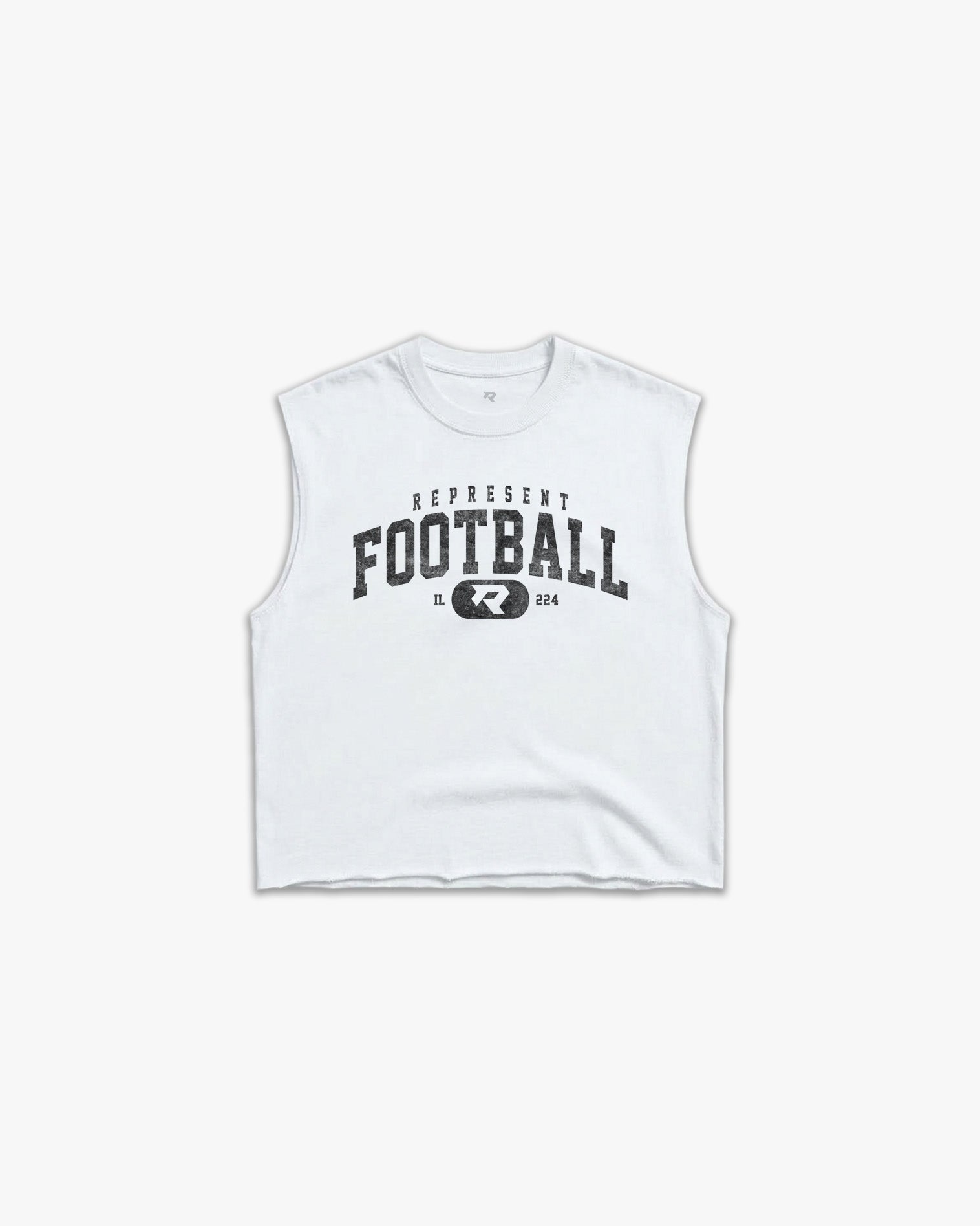 (224) Varsity Football Raw Gym Cutoff in White/Vintage Black - Represent Football