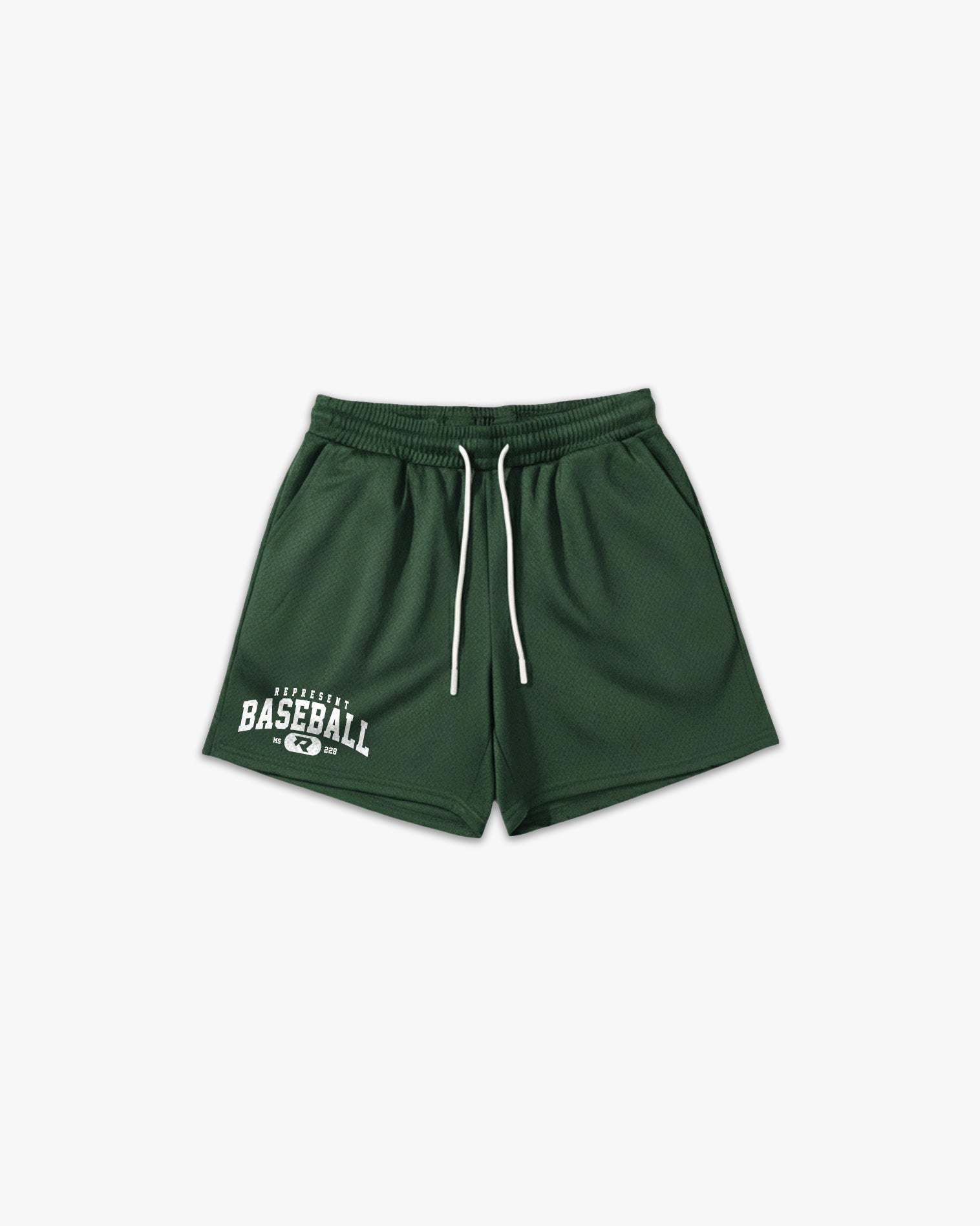 (228) Varsity Baseball 6" Pro-Mesh Short in Green/White - Represent Baseball