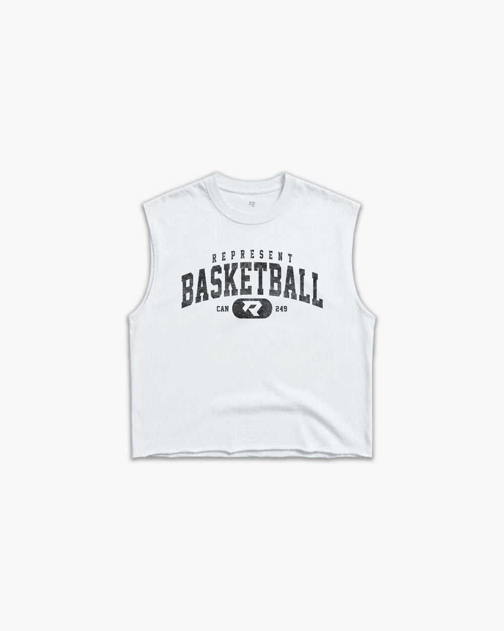 (249) Varsity Basketball Raw Gym Cutoff in White/Vintage Black - Represent Basketball