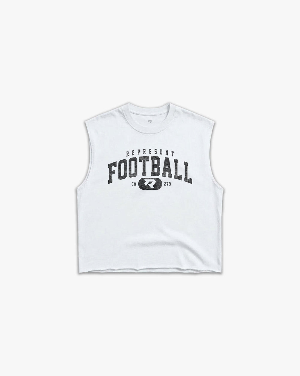 (279) Varsity Football Raw Gym Cutoff in White/Vintage Black - Represent Football