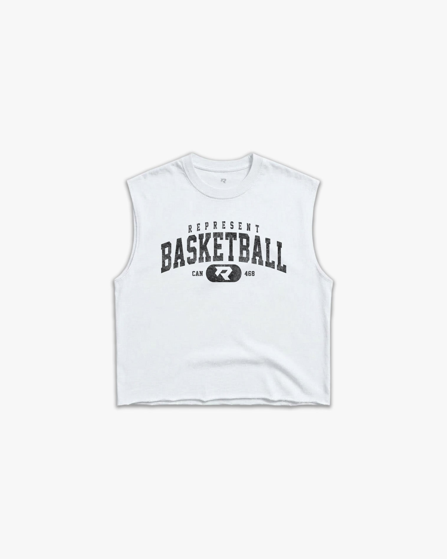 (468) Varsity Basketball Raw Gym Cutoff in White/Vintage Black - Represent Basketball