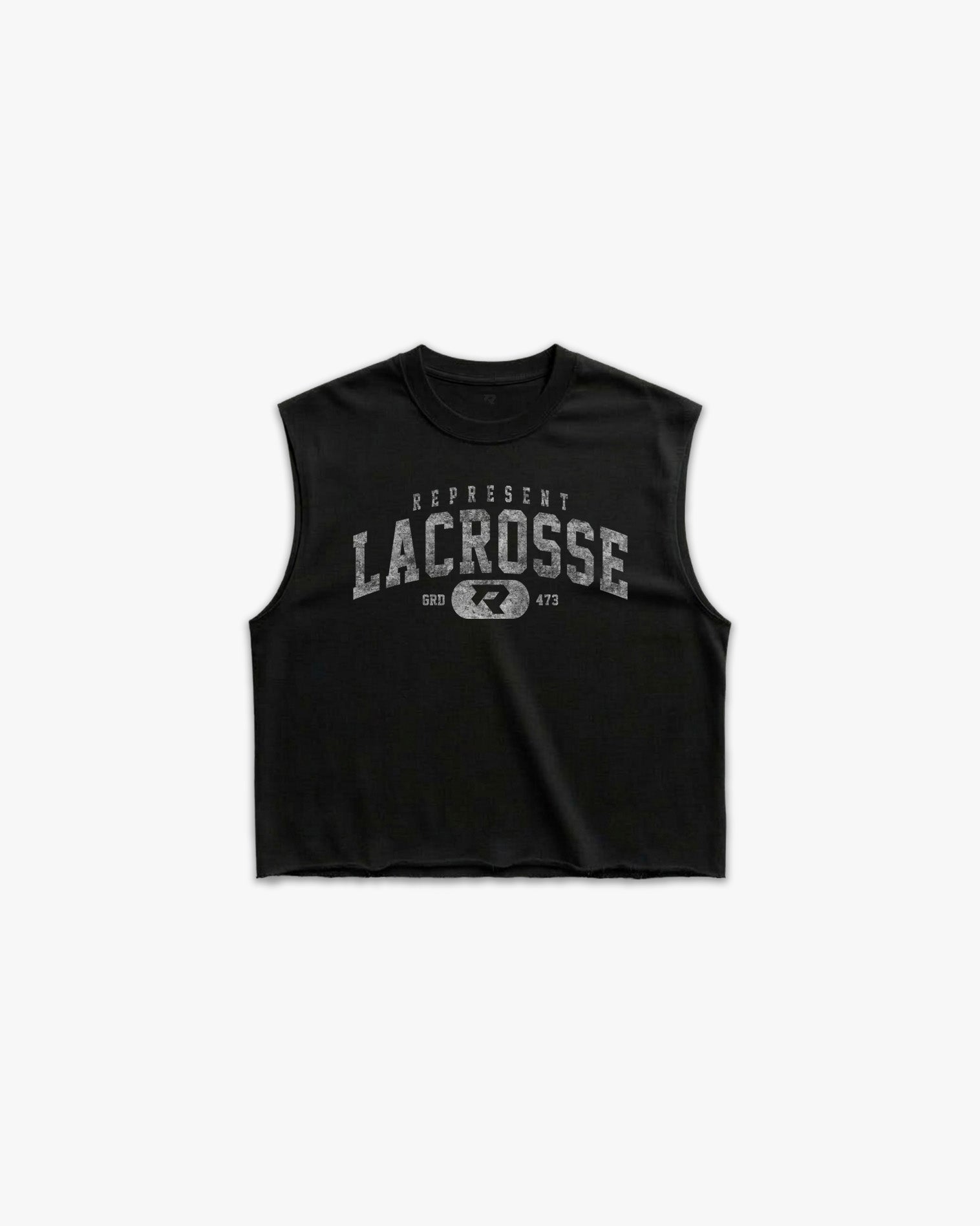 (473) Varsity Lacrosse Raw Gym Cutoff in Black/Vintage White - Represent Lacrosse