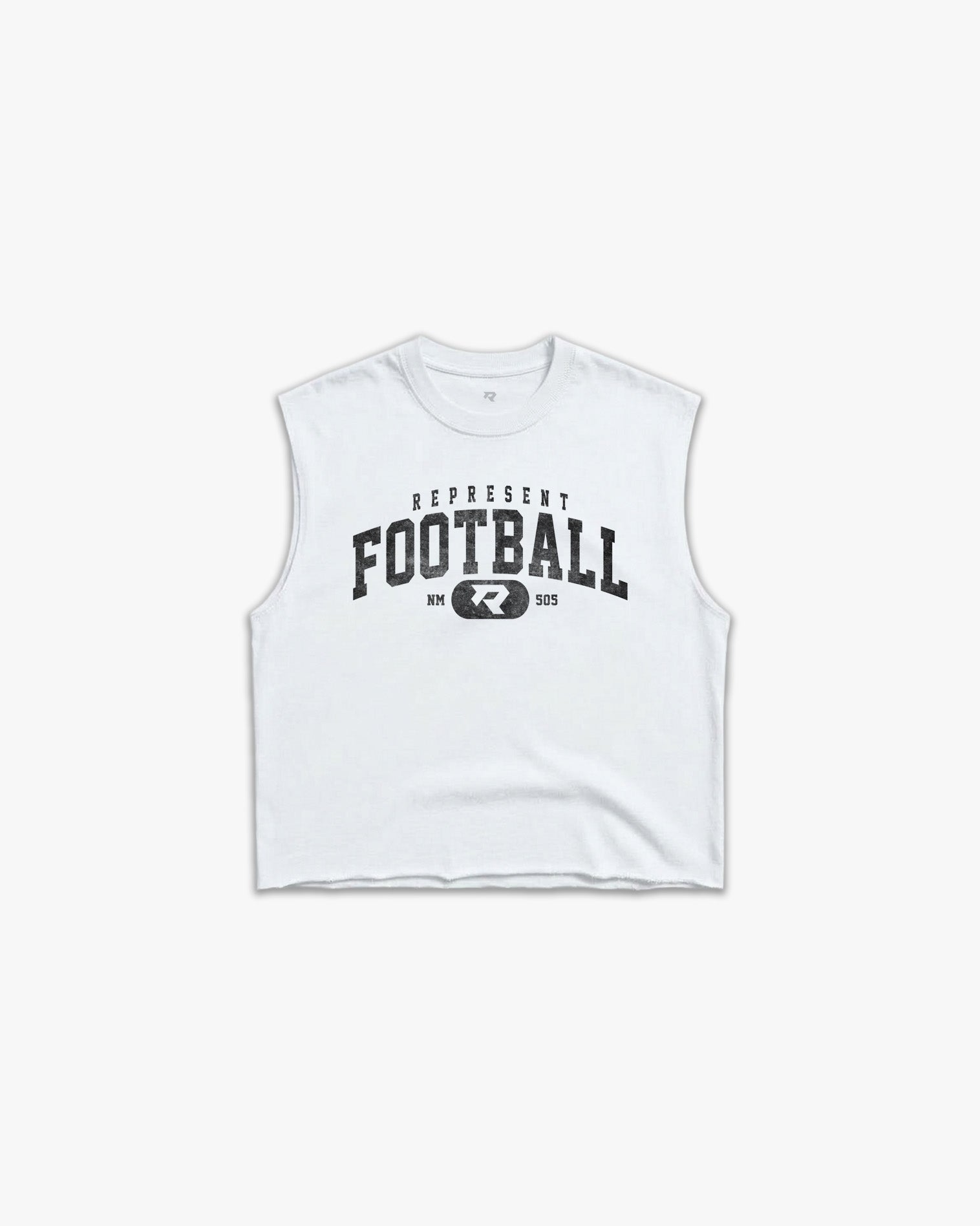 (505) Varsity Football Raw Gym Cutoff in White/Vintage Black - Represent Football
