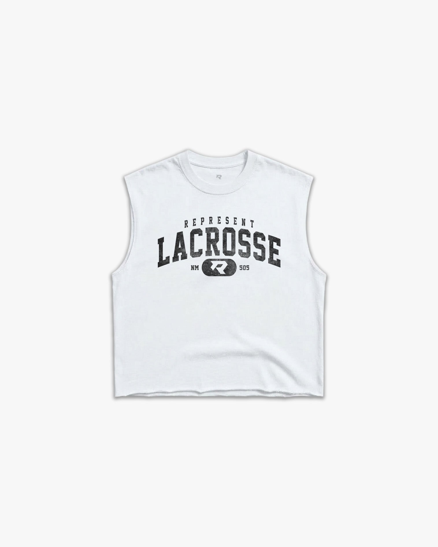 (505) Varsity Lacrosse Raw Gym Cutoff in White/Vintage Black - Represent Lacrosse