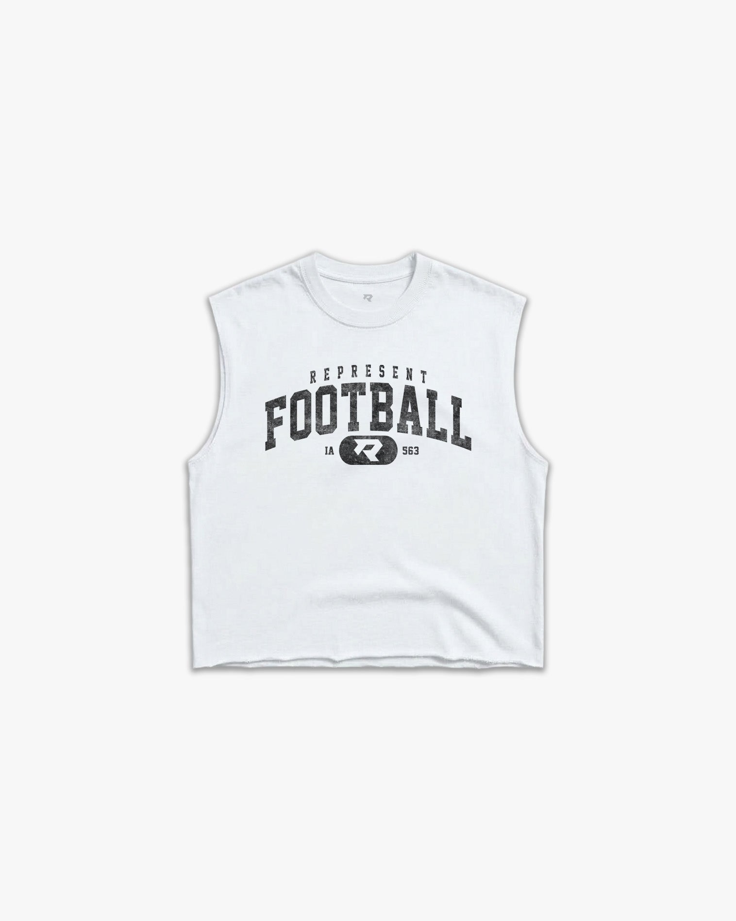 (563) Varsity Football Raw Gym Cutoff in White/Vintage Black - Represent Football