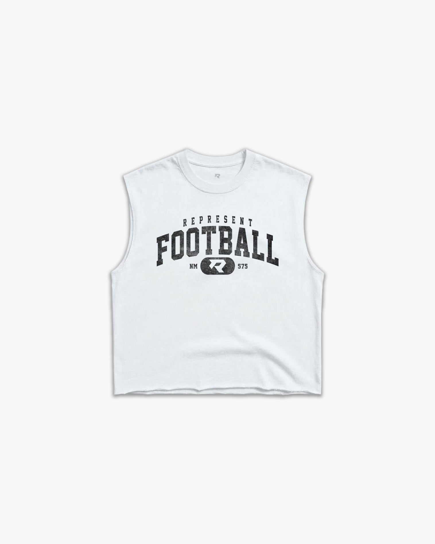 (575) Varsity Football Raw Gym Cutoff in White/Vintage Black - Represent Football
