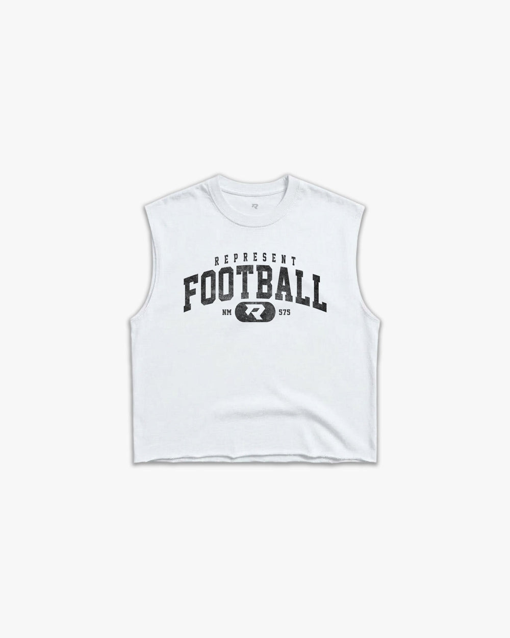(575) Varsity Football Raw Gym Cutoff in White/Vintage Black - Represent Football
