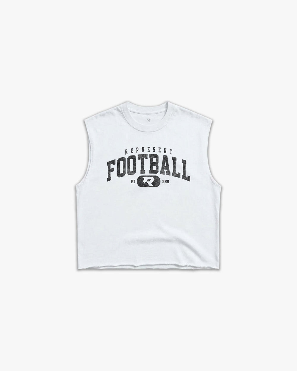 (586) Varsity Football Raw Gym Cutoff in White/Vintage Black - Represent Football