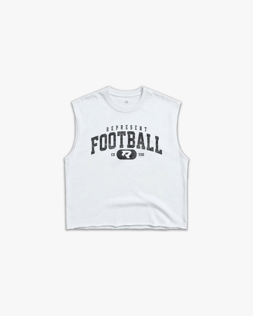 (720) Varsity Football Raw Gym Cutoff in White/Vintage Black - Represent Football