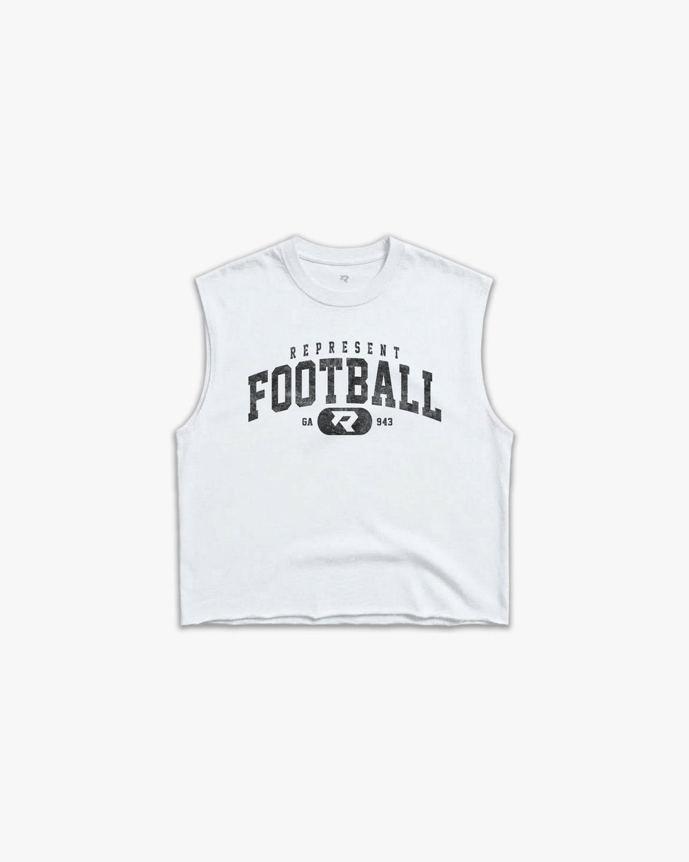 (943) Varsity Football Raw Gym Cutoff in White/Vintage Black - Represent Football